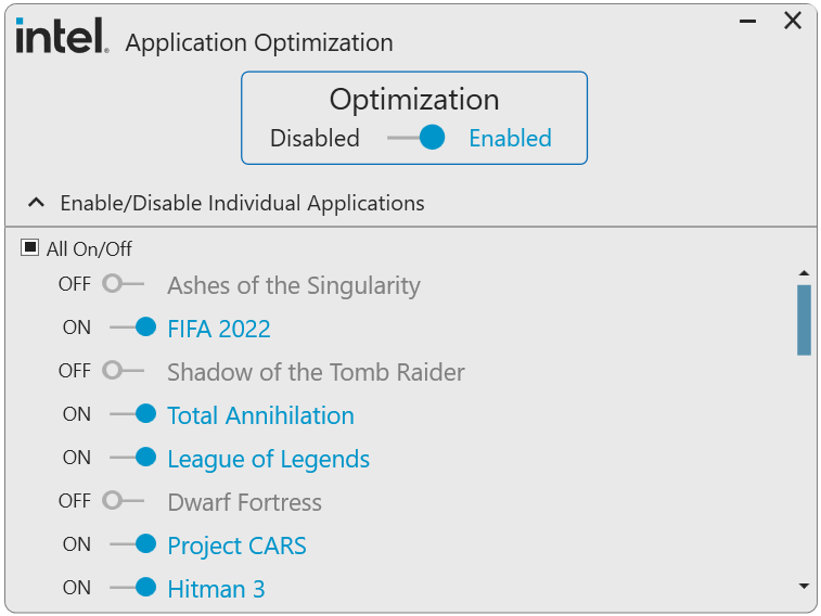 Intel marketing image for Application Optimization.  A gray box with a toggle switch at the top to enable or disable it.  The individual games (with on/off toggle) are below.
