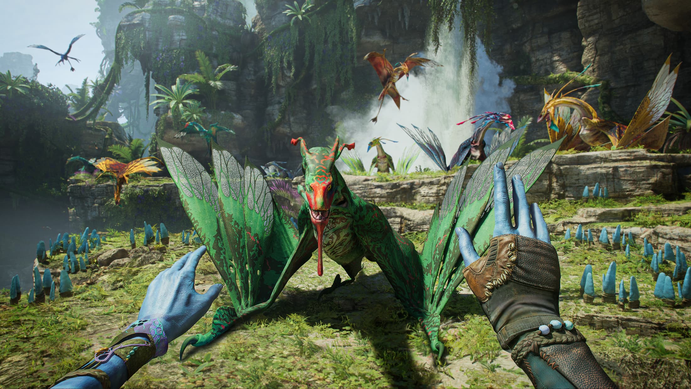 Two blue hands are shown from a first-person perspective.  They appear to be trying to pacify a dragon-like creature in Avatar: The Frontier of Pandora.