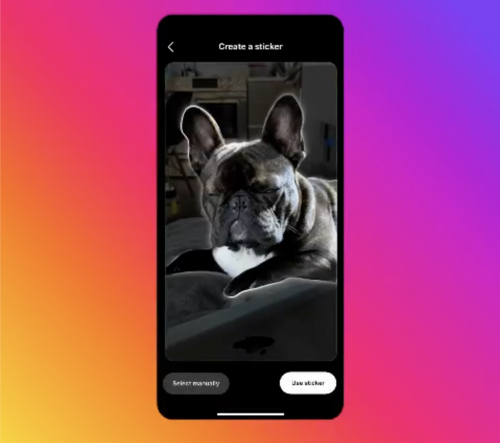 A demo of Instagram's sticker maker tool showing a French bulldog chosen as the sticker