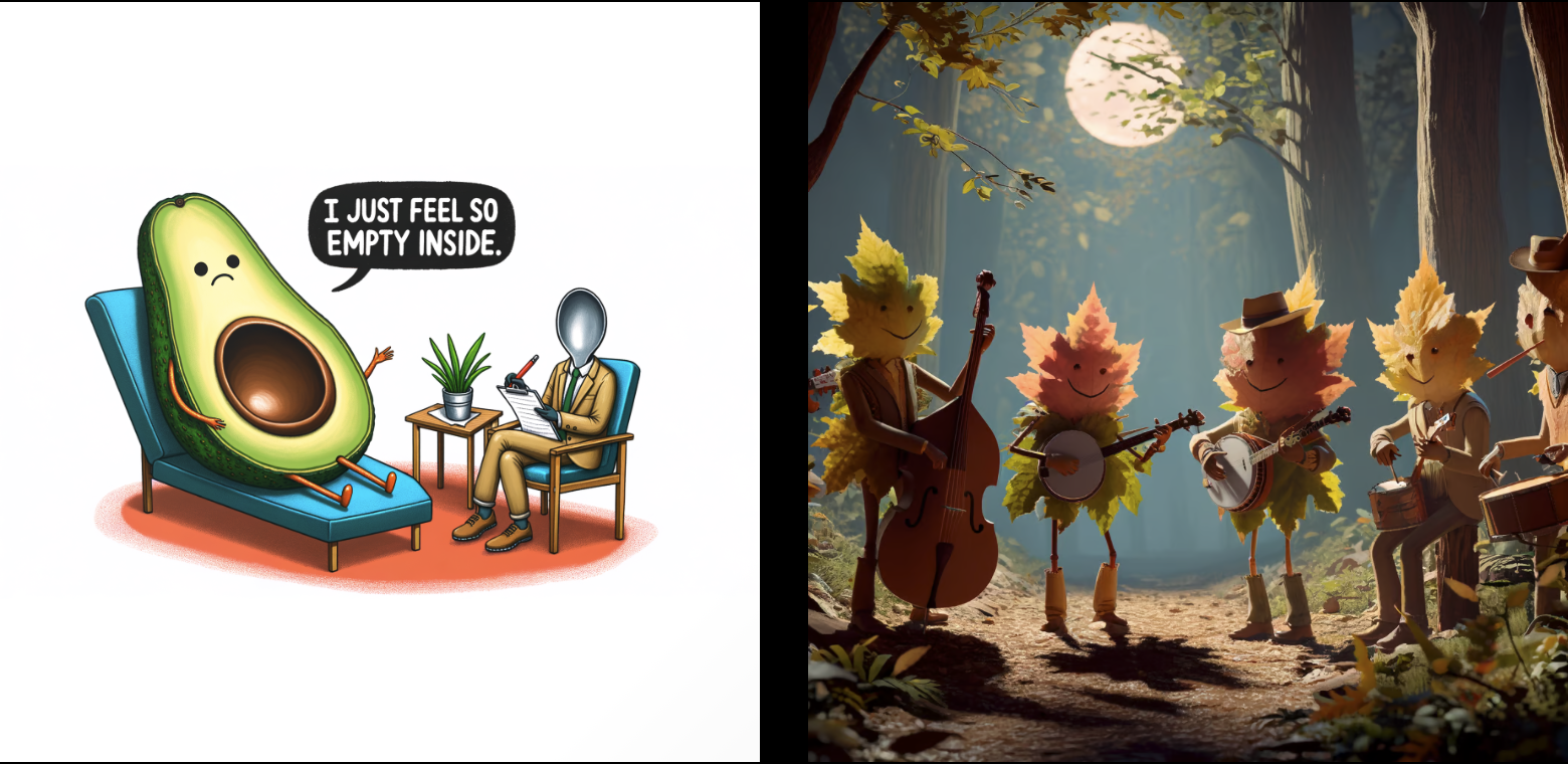 Sample AI-generated images from DALL-E 3. Left: Cartoon of a pitted avocado sitting on a therapist's couch and saying: