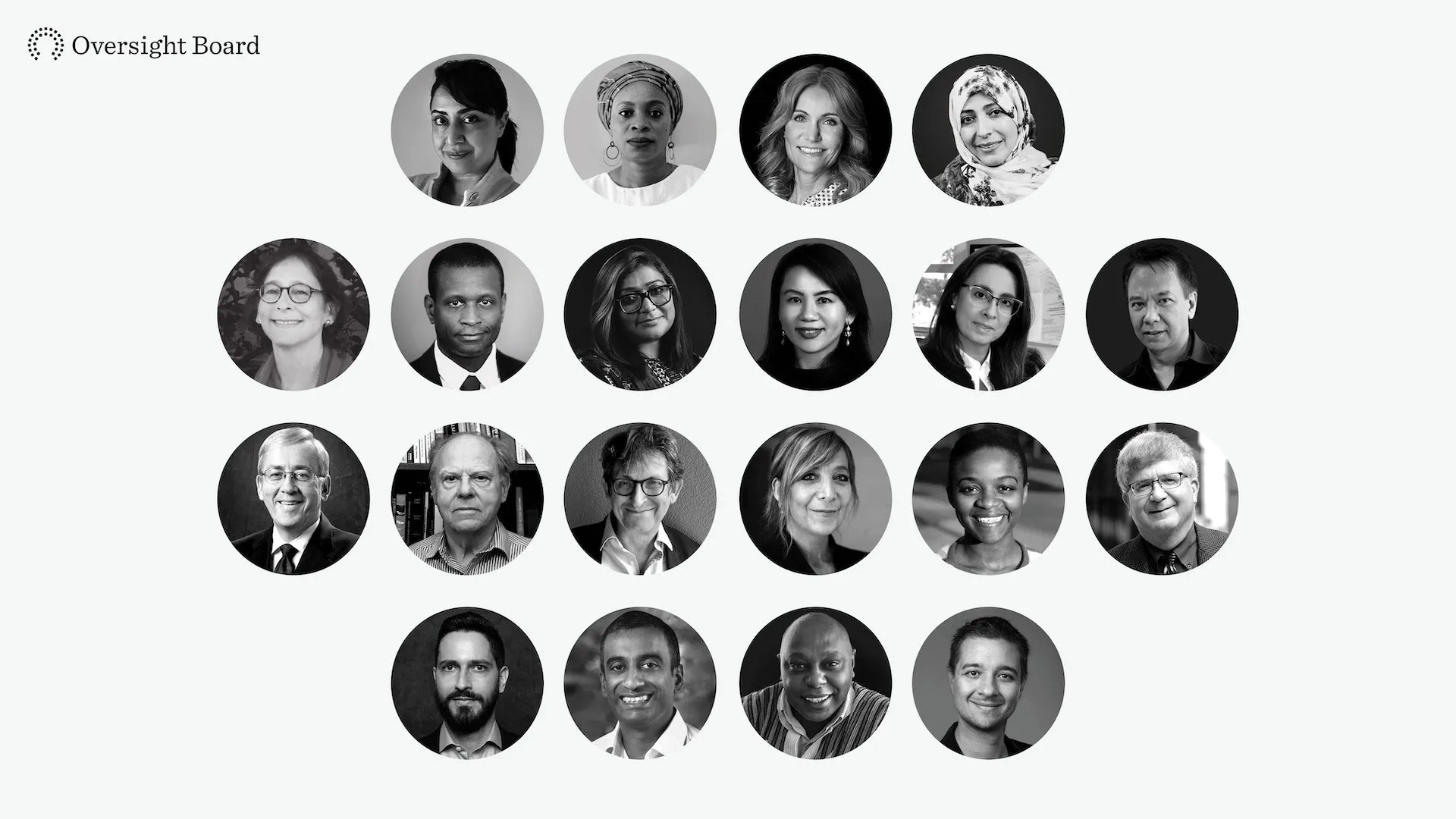 A collection of photos of Meta Oversight Board members.  A series of circular images showing black-and-white head shots of each of the 20 members.