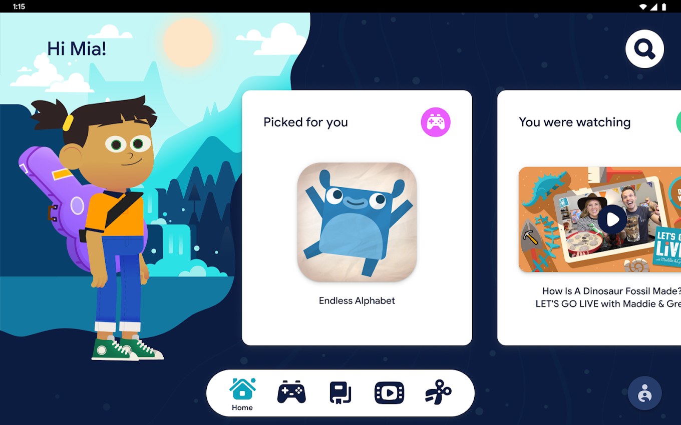 Screenshot of Google Pixel Tablet's Kids Space.  Kid-friendly interface displays a child's cartoon with text