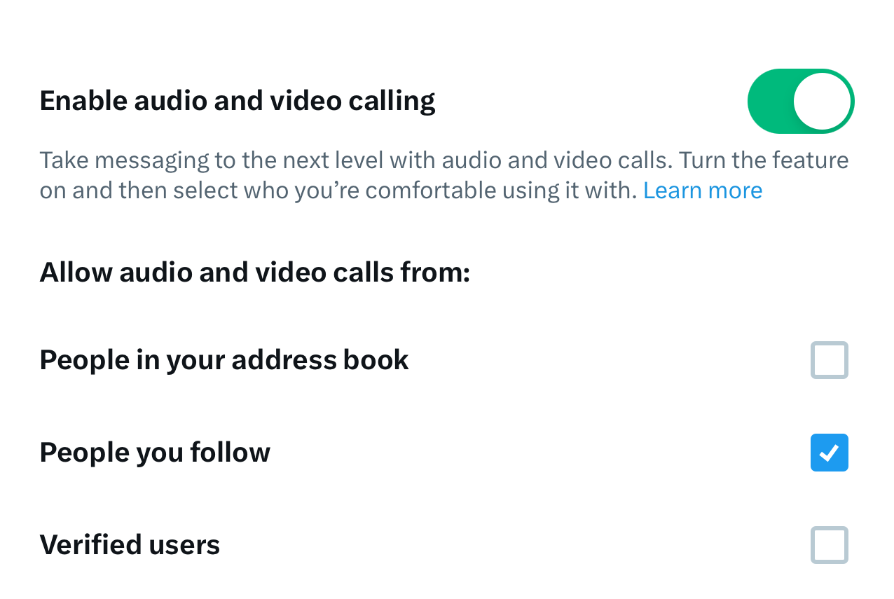Screenshot of X's new calling feature settings.